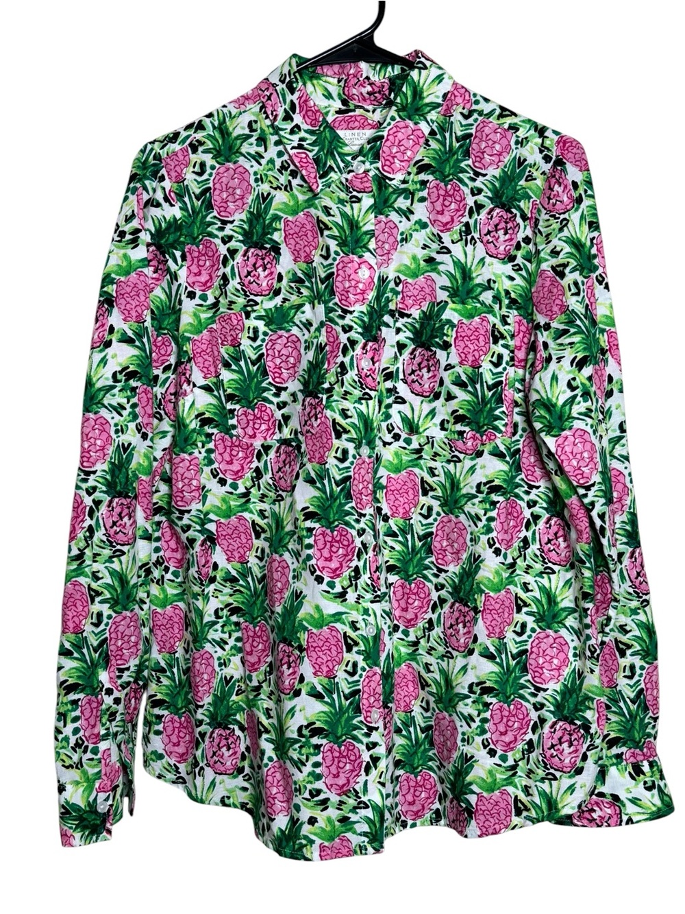 Charter Club Luxury Linen Pink Pineapple Print Button-Down Shirt Pockets Size M